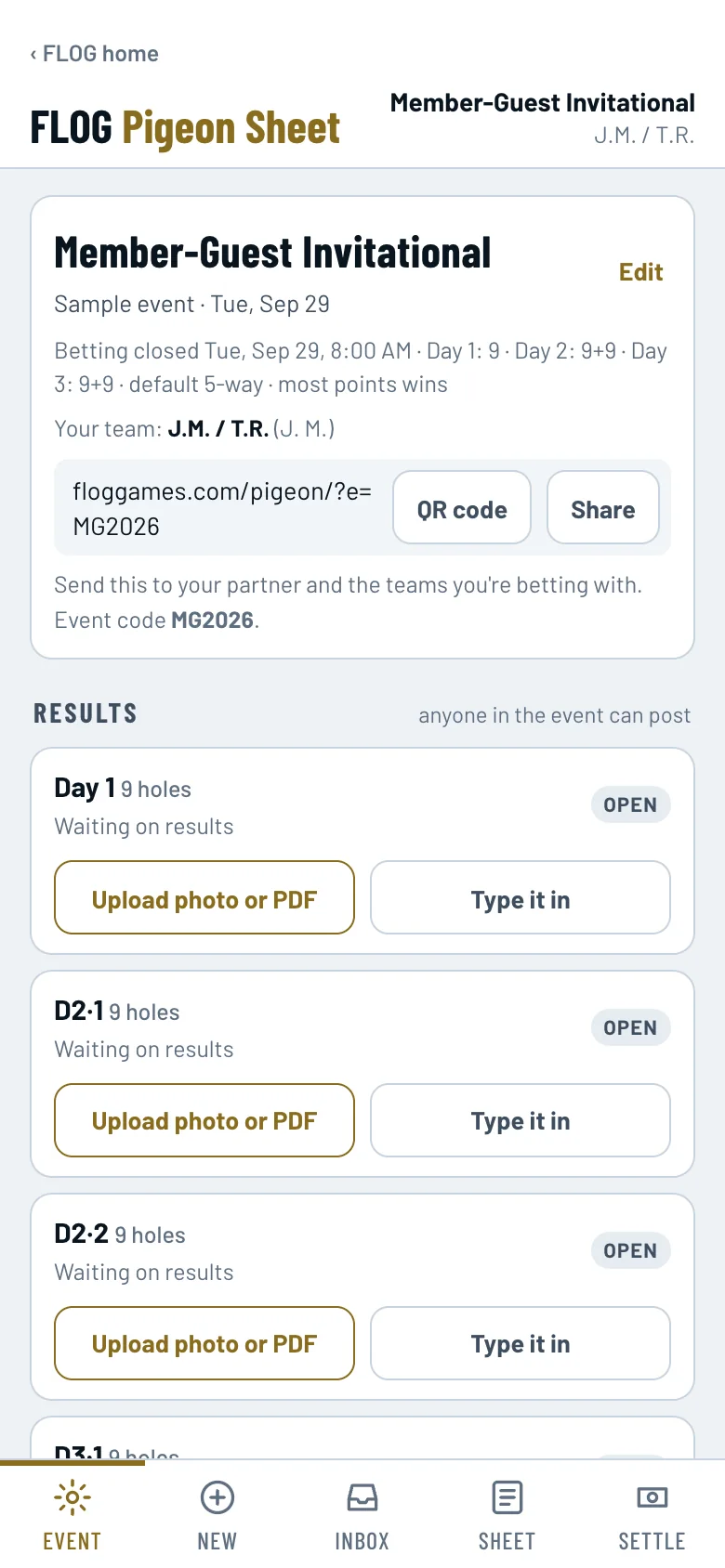 The Event tab with the share link, QR code, event code, and a Results list where each match has Upload photo or PDF and Type it in.