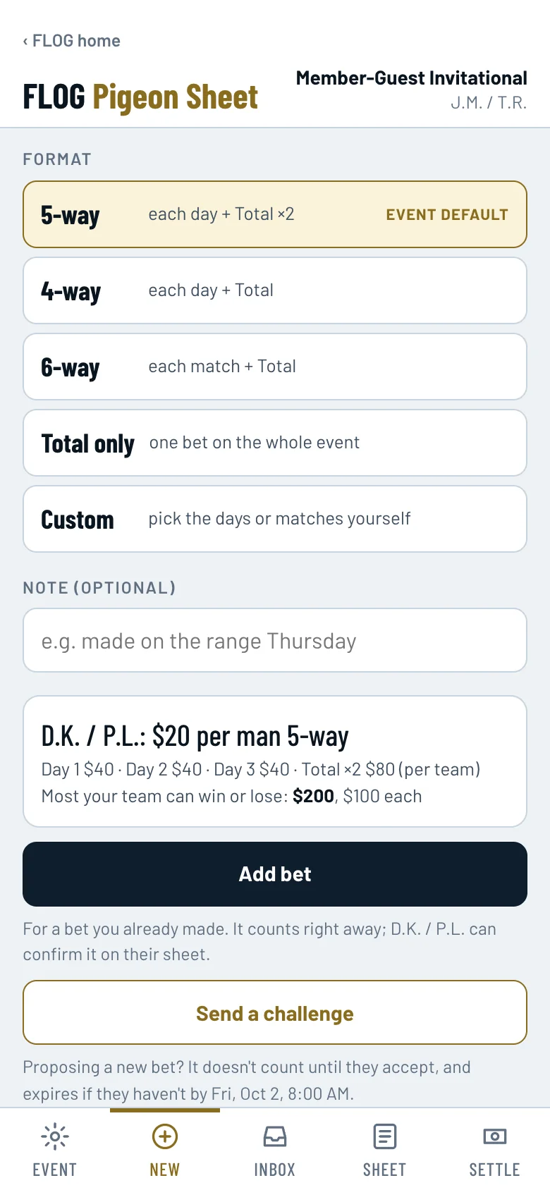 Adding a pigeon: format choices, a preview of $20 per man 5-way with the amount per leg, and the Add bet and Send a challenge buttons.