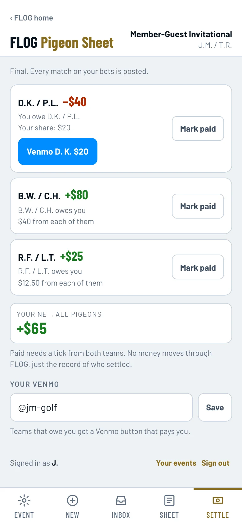 The Settle tab: what you owe each team, your share, a Venmo button, and a Mark paid box.